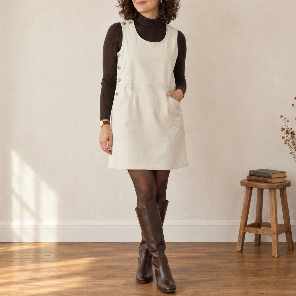 National PM Corduroy Jumper Dress Cream Side Button Sleeveless Womens